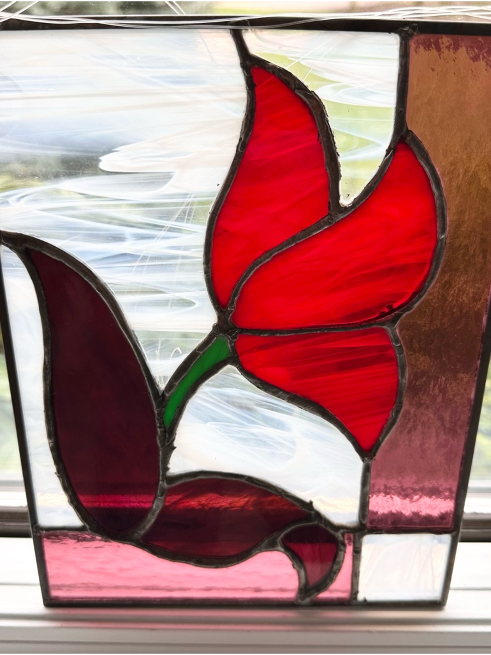 Handcrafted Red Stained Glass Flower Window Panel -  Art 10 X 7.5” Sun Catcher